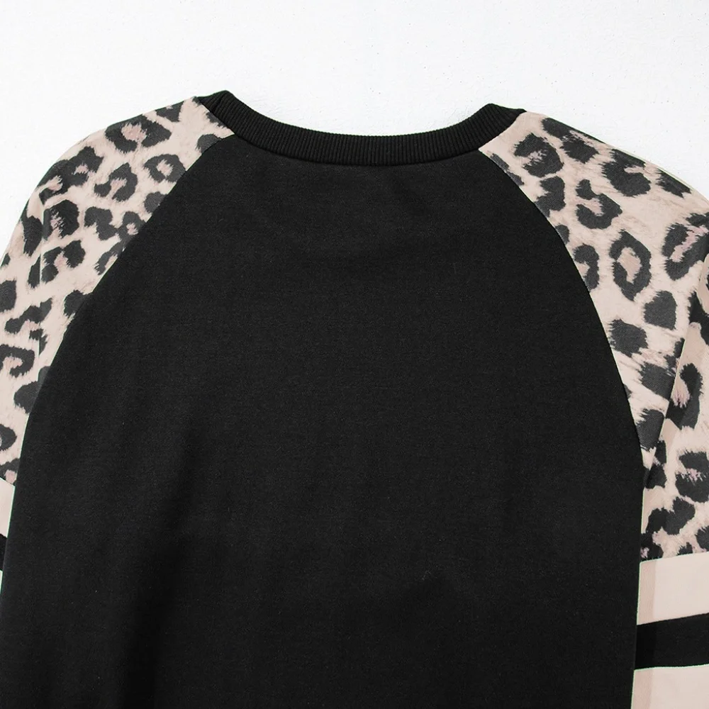 1 MEDIUM LEFT!!! Black Leopard Print Colorblock Raglan Sleeve Sweatshirt - Picture 9 of 14